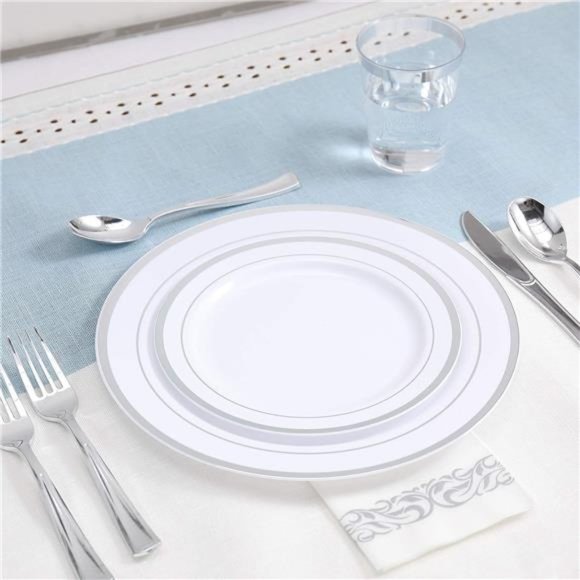 175pcs Silver Dinnerware Set for 25 Guests,Silver Rim Plastic Plates Disposable - Picture 3 of 7